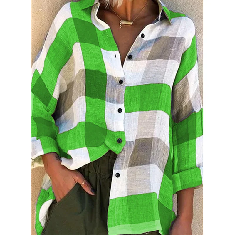 

Spring and Autumn Women's Casual Button Plus Size Tops Printed Long Sleeve Shirt Loose Plaid Shirt