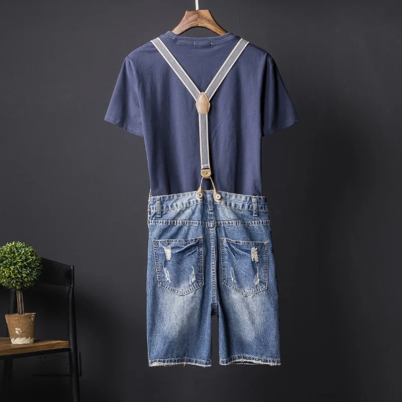 Summer Men's Hole Denim Shorts Straight Bib Jeans Jumpsuits Casual High Quality Hip-Hop Streetwear Tattered Blue Overalls Pants