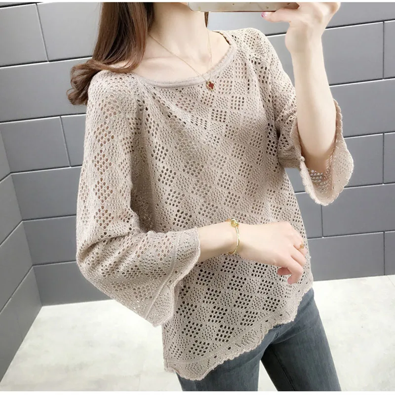 

Women Fashion Hollow Out Summer Pullover Tops Mesh knitted Female O-Neck Pull Jumper Ladies Knitting Femme Pullovers Sweater Top