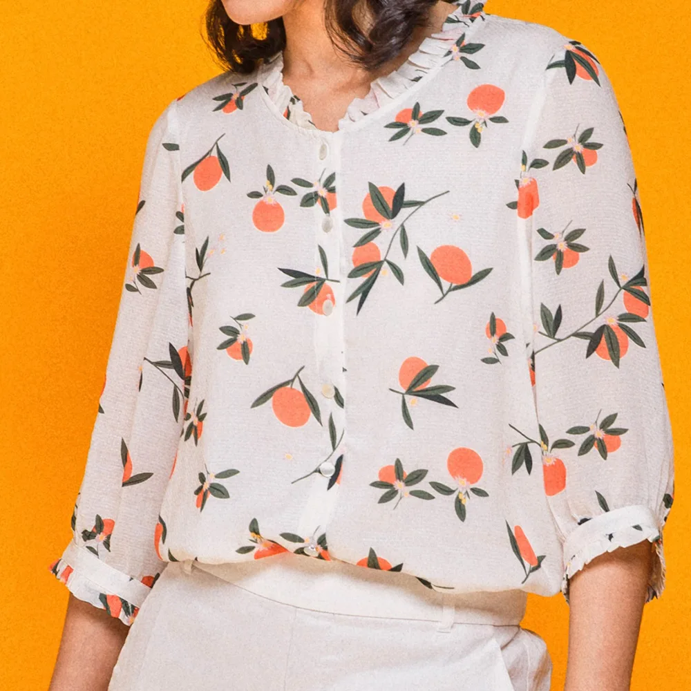 Новейшая модель Женские хлопковые оранжевые печатные воротник с рюшами блуза