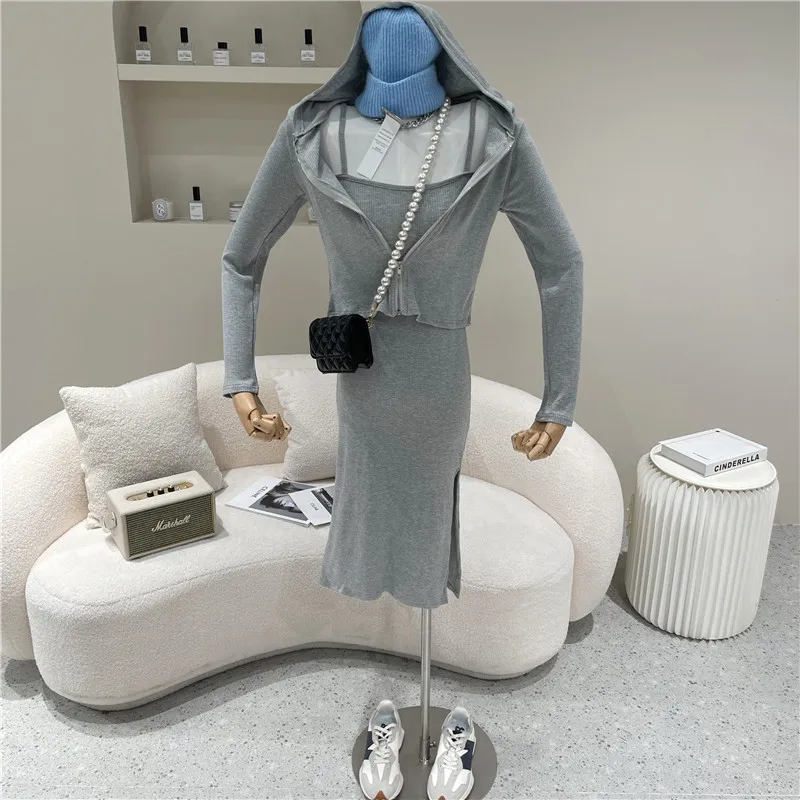 

Two Piece Set Women's Spring Summer 2021 Niche Design Fashion Cardigan Jacket With Suspenders Dress
