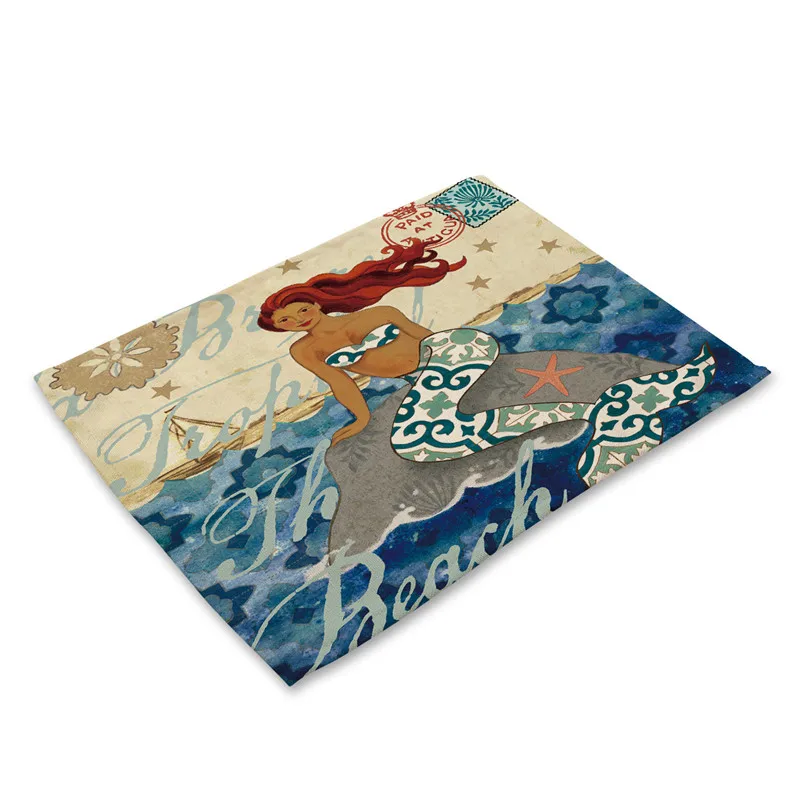 

Mermaid Placemat Eco Friendly Sea Animal Print Linen Table Mat Pads Dining Napkins Heat Insulation Placemat 42x32cm