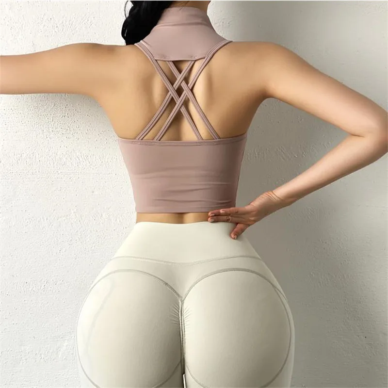 

SALSPOR Vital Yoga Bra Women Fitness High Collar Removable Chest Pad Brassiere Sports Backless Workout Quick Dry High Impact Bra