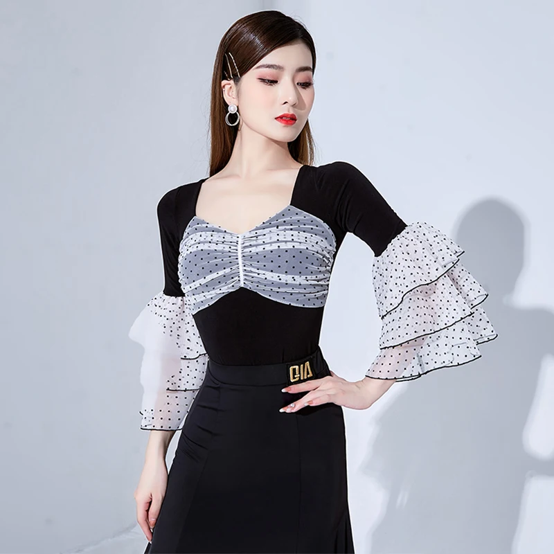 

Трико для латиноамериканских танцев в горошек, сетчатый ретро костюм для представлений, бальных танцев, Танго, самбы, тренировочная одежда