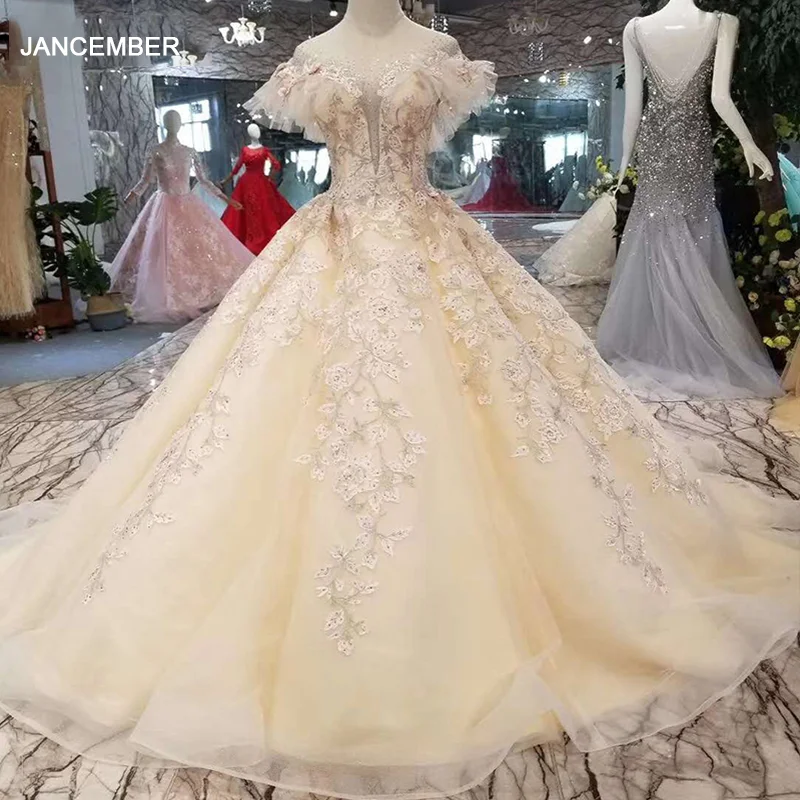 LSS182 вечернее платье цвета шампанского Длинное Пышное Платье с круглым вырезом и