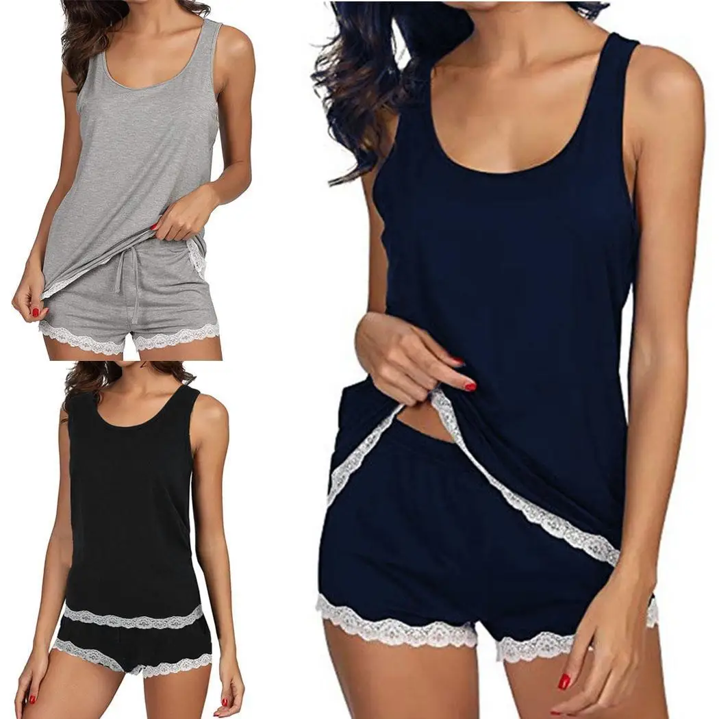 Новинка лета 2019 Женский пижамный комплект с круглым вырезом без рукавов