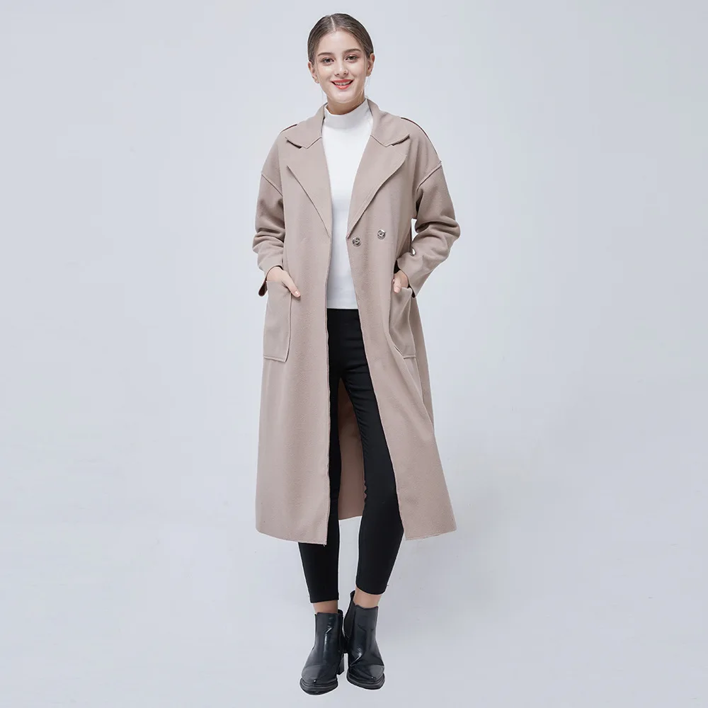 New Fashion Women's Loose Solid Color Waistband Women's Long Black Coat Simple Wool Coat with Pockets Sashes