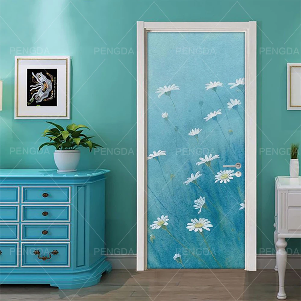 Самоклеящиеся 3d наклейки на дверь рисунок маргариток свежие водонепроницаемые