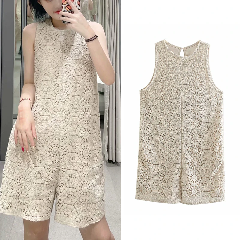 

Женский трикотажный комбинезон ZA, повседневный однотонный короткий комбинезон без рукавов, с круглым вырезом, Дамская мягкая одежда, лето ...