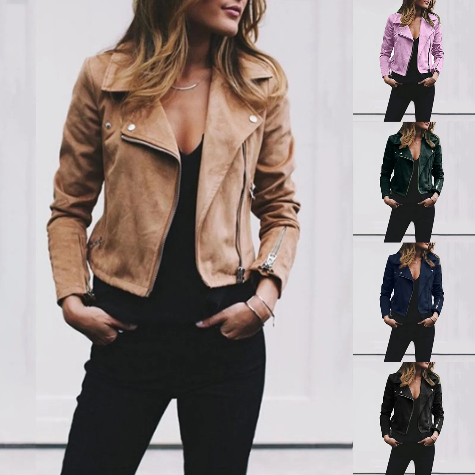 

Fashion Women Slim Long Sleeve Short Motorcycle Jacket Faux Suede Biker Jacket Solid Color Casual Coats Turndown Collar Jaqueta