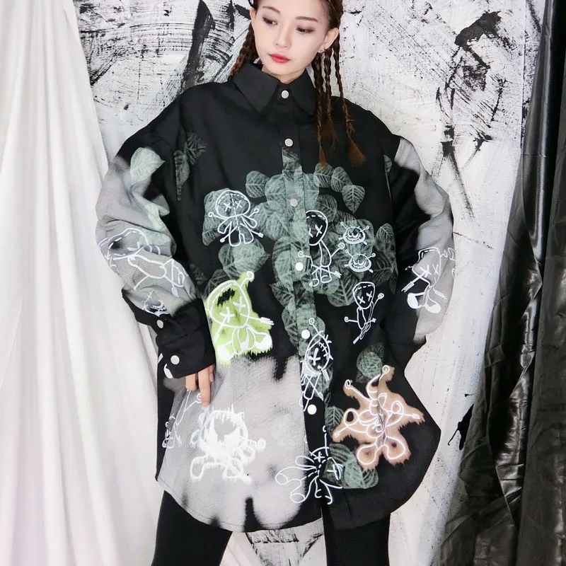 2020 Spring New Female Korean Blouse Women Hip-hop Loose Wild Printing Pattern Hedging Graffiti Shirt Long Sleeve | Женская одежда