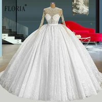 luxury ball gown puffy wedding dresses long sleeve sparkling sequins bridal gown 2022 new design custom made