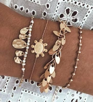minimalist modern gold plating 4pc set women bracelet set leaves tassel sequin charms for women accessories