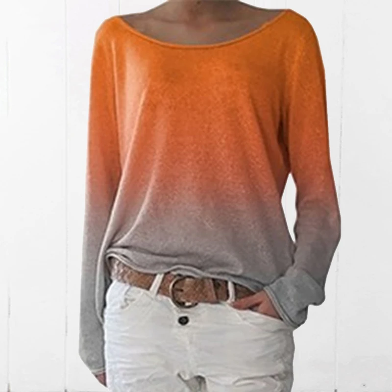 Женские блузки градиентного цвета с круглым вырезом и длинным рукавом женские