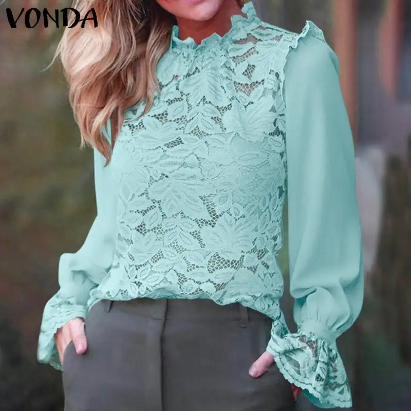 

VONDA 2022 Women Lace Crochet Blouses Fashion Long Sleeve Hollow Out Tunic Ruffled Tops Casual Solid Elegant Party Blusas Femme