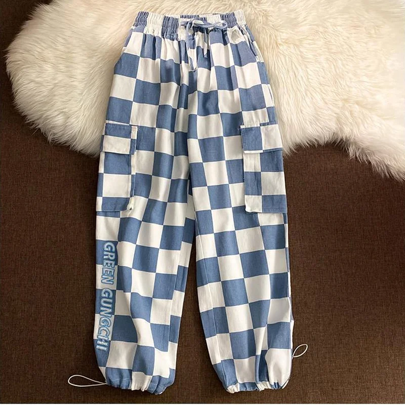 

High Checkerboard Wide Leg Pants Women Chic Drawstring Loose Casual Sport Pants Retro Khaki Waist Overall Blue Trousers