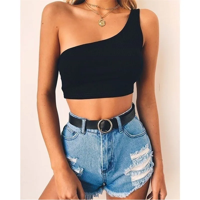 

2021 Spring and Summer Hot Sale Solid Color Low Cut Sleeveless Midriff-Baring One Shoulder Halterneck Vest