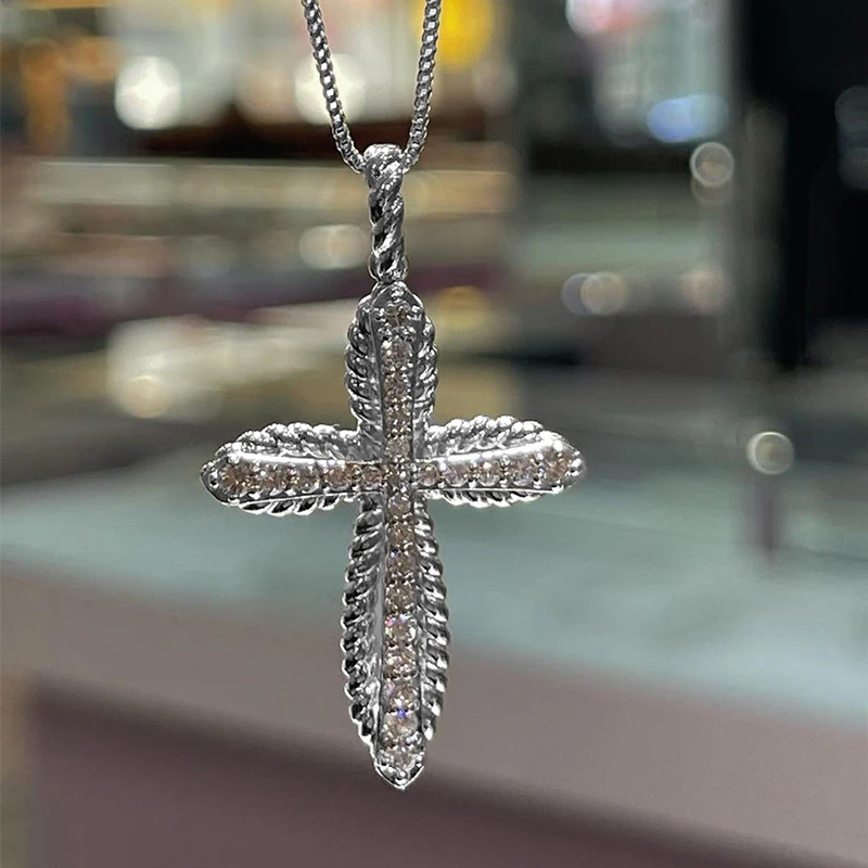 Huitan Fashion Cross Necklace for Women Dainty Pendant Inlaid Shiny CZ Modern Design Simple Stylish Female Necklace Jewelry Gift