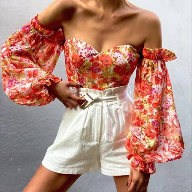 

Sexy Off Shoulder Ruffles Summer Crop Top Fashion Women Holiday Beach Shirt Vintage Printed Elegant 2021 Female Blouse