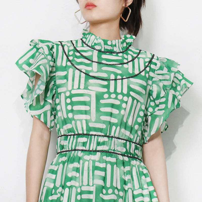 

XIZIHUPAN Casual Ruffle Hit Color Dress For Women Stand Collar Sleeveless High Waist Vintage A Line Midi Dresses Female 2021 New