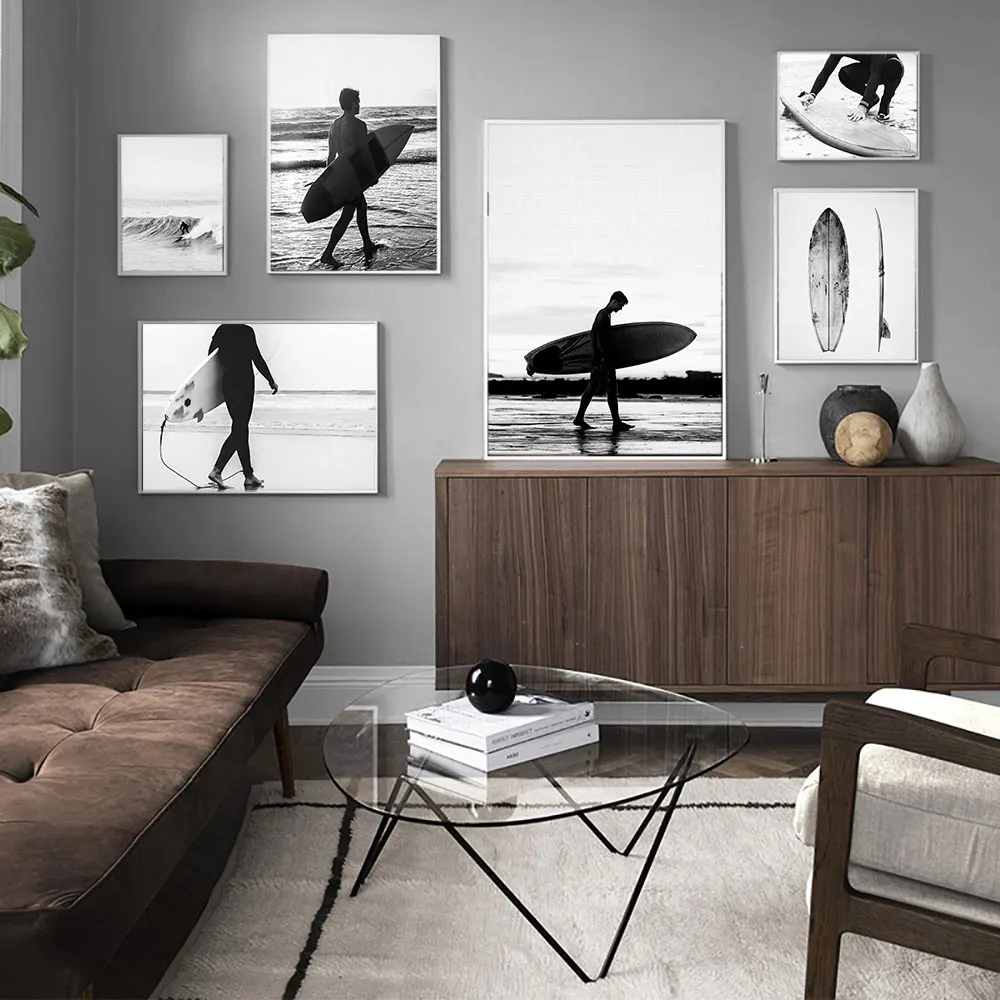

Black White Tree Leaf Picture Scandinavian Poster Nordic Decoration Ocean Sea Skateboard Man Print Scenery Wall Art Home Decor