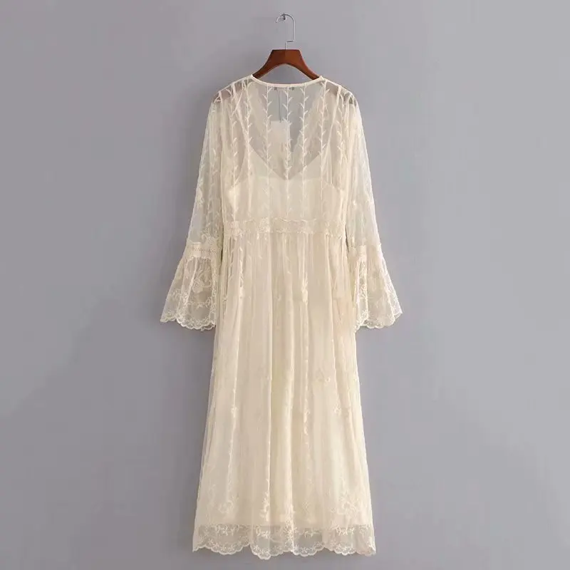 

ZA Summer Women Embroidery Dress 2021 Flare Sleeve A-Line Casual Party Vestido Elegant V-neck Loose Midi Girls Outfits