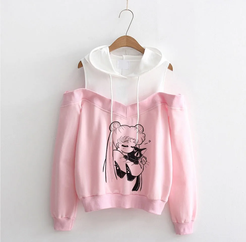 Popualr Cartoon Women Sexy Off Shoulder hoodies Kawaii Girls Spring Autumn Tops Cosplay Harajuku Anime Off Shoulder Sweatshirts