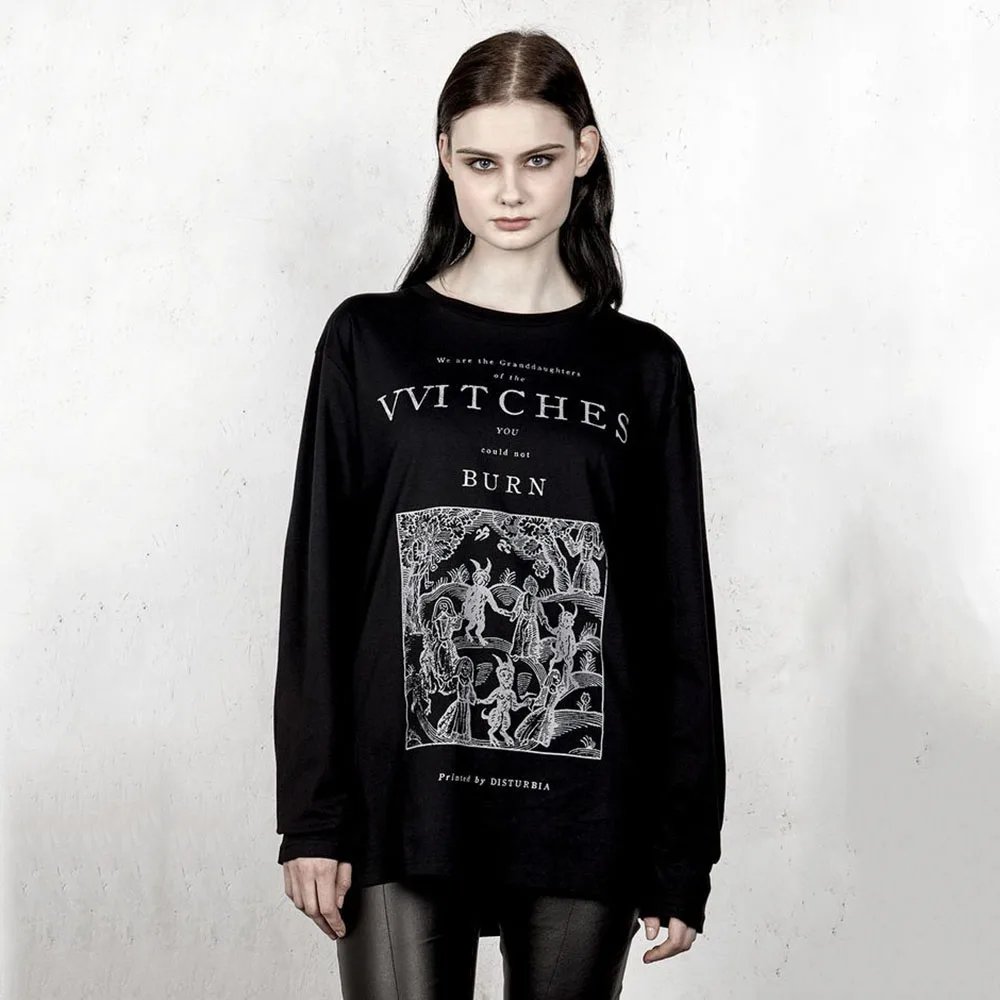 

Women's New Autumn T-shirt Dark Goth Punk Style Solid Color Witch Devil Letter Printing Straight Long Sleeve Round Neck Top
