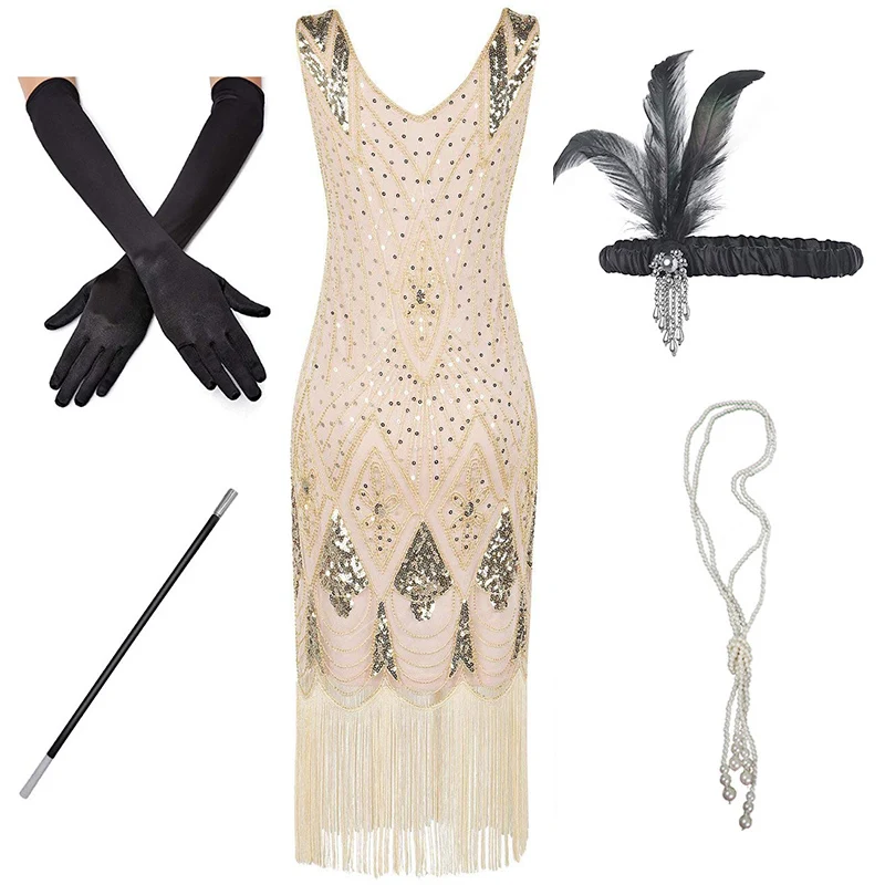 Apricot Set D(NEW) 1920s Flapper платье Great Gatsby вечерние платья с блестками и бахромой - Цвет: Apricot Set D(NEW)