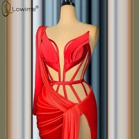 Red One Shoulder Long Sleeve Evening Dresses 2020 Sexy Mermaid Satin Evening Party Gowns Robes vestidos de noche