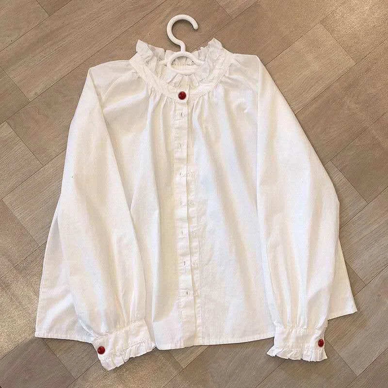

Spring Autumn Shirts Women Shirt New Korean Japanese Lolita Lace Collar Students Loose Lantern Sleeves White Blouse Base Outside