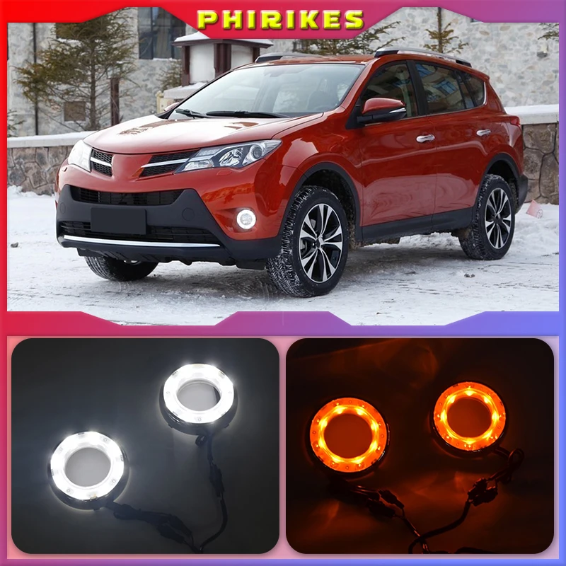 2pcs For Toyota RAV4 2012 2013 Yellow Turning Signal Waterproof ABS 12V Car DRL LED Daytime Running Light With Fog Lamp Hole