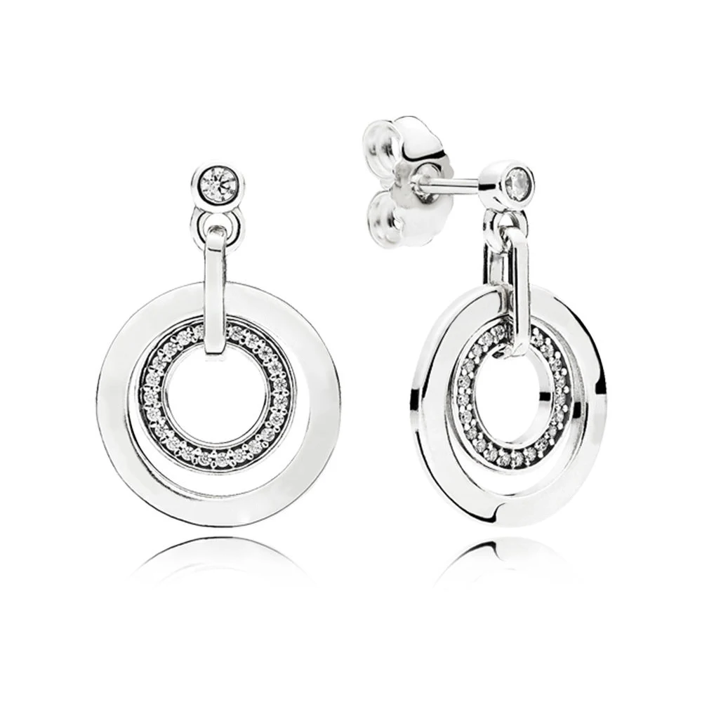 

Double Round Original Pan Signature 925 Sterling Silver Crystal Circles Drop Dangle Stud Earrings for Women Jewelry Gift