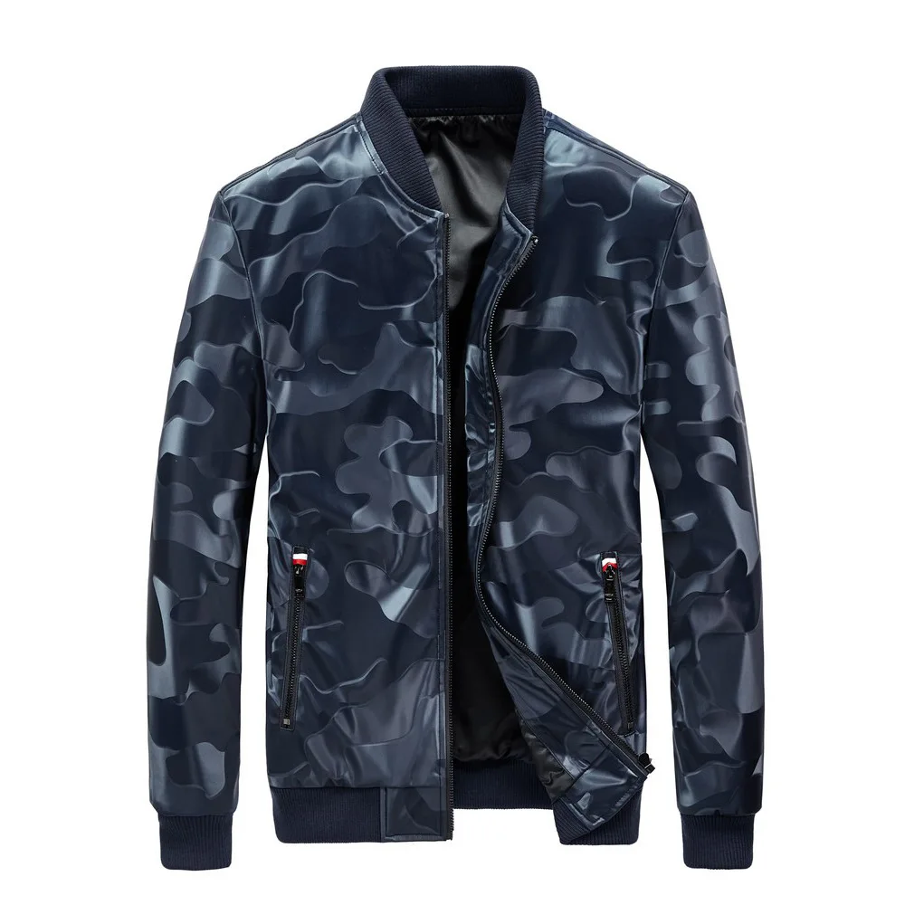

Mens Baseball Jacket Camouflage Printed Leather PU Coats Slim Fit Streetwear Jackets Men's Stand Collar Top Jacket Coat MY188