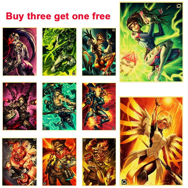 

Buy Three Get One Game Overwatch Character Posters Vintage Brown Paper Stickers DIY Room Bar Cafe Art Deco Wall Paintings