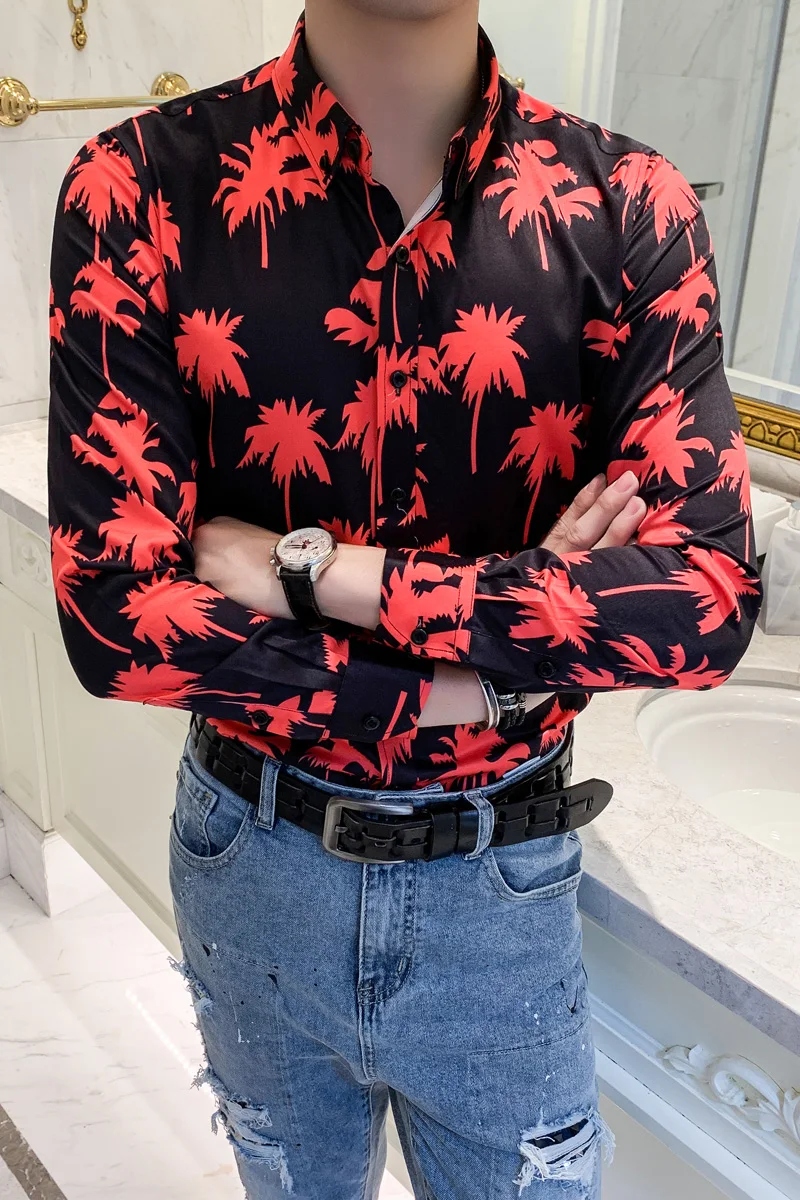Camisa hombre брендовая Осенняя рубашка с длинным рукавом и цветочным рисунком мужская