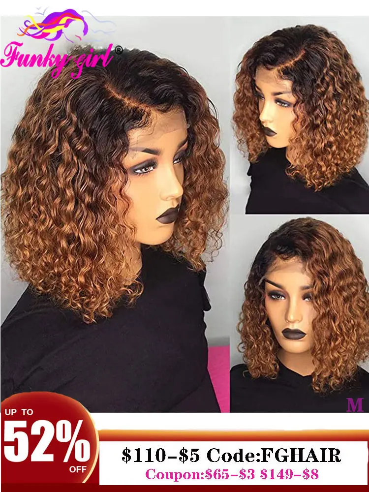 

1B 27 Ombre 13x4 Lace Front Wigs Short Curly Human Hair Wigs For Women Remy Peruvian Lace Bob Wigs Bleached Knots 150% Density