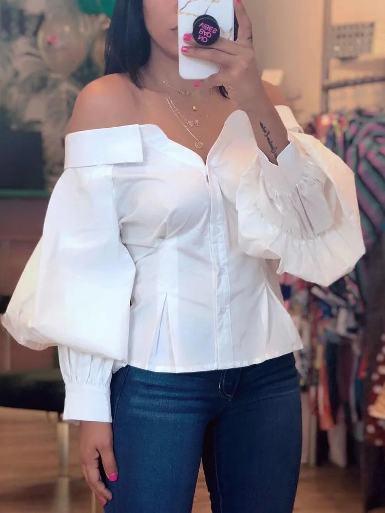 

Women Long Sleeve Blouse Sexy Slash Neck White Club Party Shirt Top Lantern Sleeve Summer Single Breasted Slim Cotton Shirts