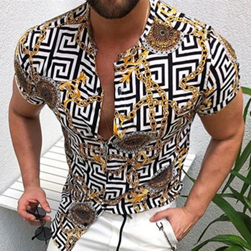 Men's Summer Large-Size Print Slimming Casual Fashion Joker Trend Turtleneck Cardigan Blouse Short-Sleeved Shirt