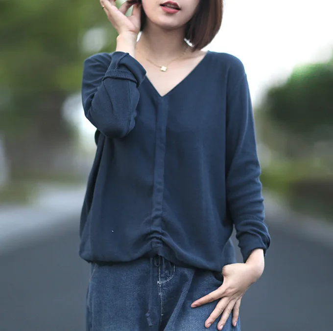 Осенняя футболка женские вязаные свободные пуловеры новинка 2019 ретро топы