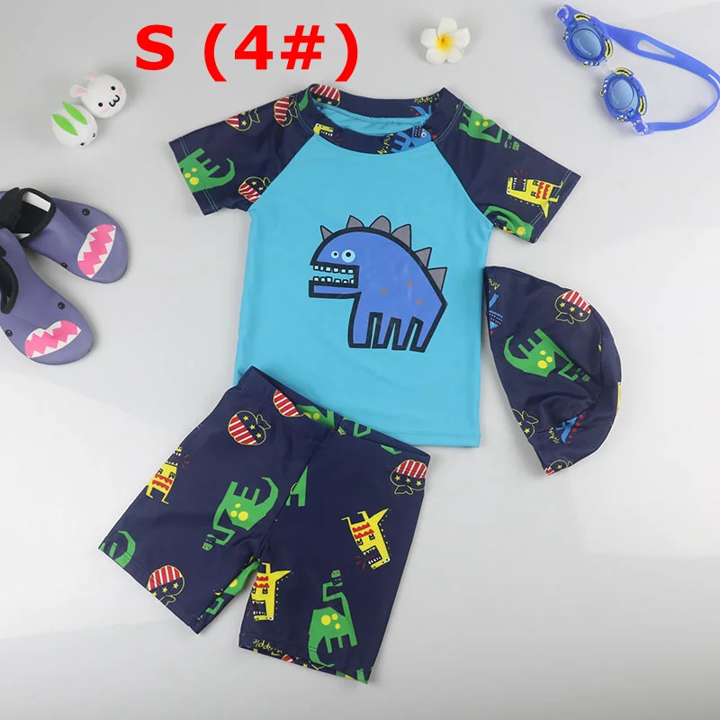 BLUE S Boy Baby Swimwear Dinosaur Swimming Suit for Boys Short Sleeves Toddler Kids Children's Swimwear Beach Clothes Bathing Suit 3pcs - Цвет: BLUE S