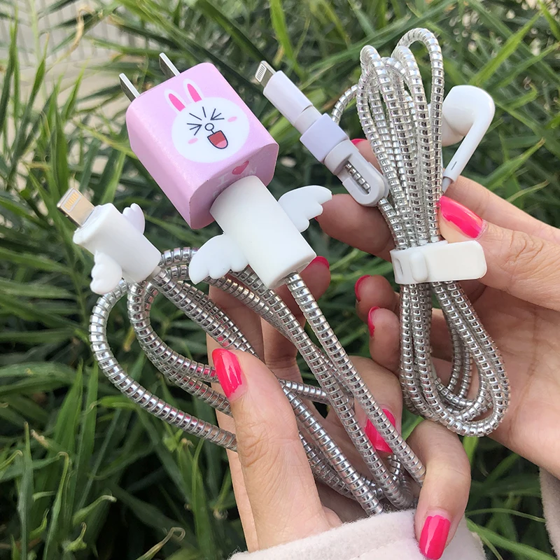 Кия мультфильм защита для usb-кабеля комплект со спиральным кабелем Стикеры для намотки протектор для наушников Шнур для iphone xs/xsmax/xr/8/8 plus