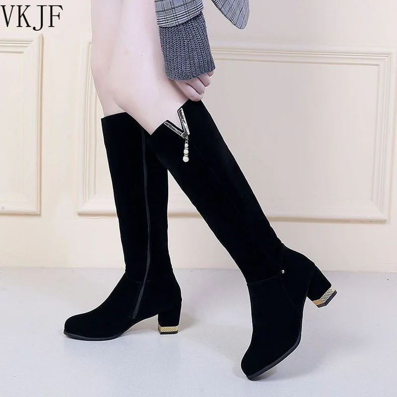 

Chic Beads flock stretch sock boots women shoes zipper long botte femme chunky high heels chelsea boots slim knee-high botas2021