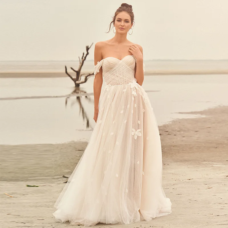 

Thinyfull пляжные свадебные платья с открытыми плечами и аппликацией, свадебные платья в стиле деревенского бохо, свадебное платье принцессы на...