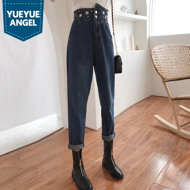 

Autumn New Women High Waist Denim Harem Pants High Street Slim College Jeans Fashion Design Blue Black Denim Trousers Female