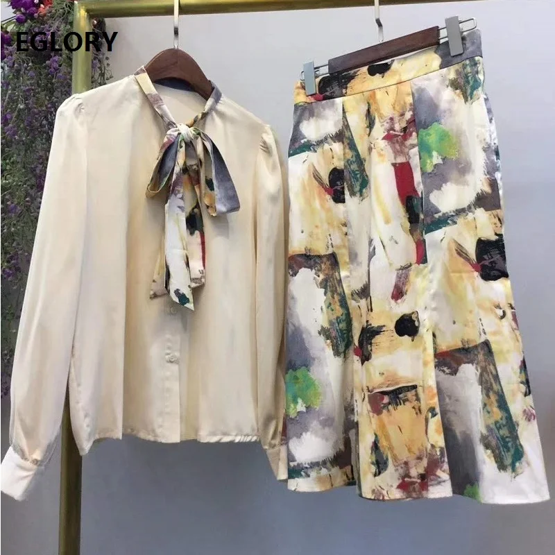 

High Quality Skirt Suits 2020 Autumn Casual 2 Piece Set Women Bow Collar Long Sleeve Shirts+Vintage Oil Painting Print Skirts