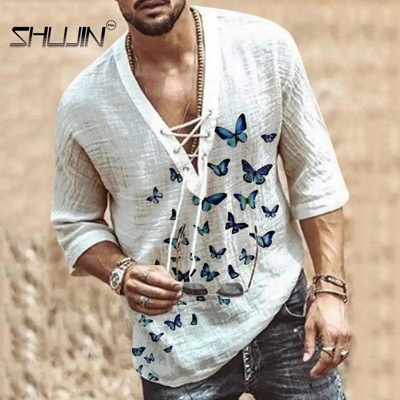 

Vintage Cotton Linen Shirt Men Casual Long Sleeve Oversize Tops Camisa V Neck Boho Style Mens Comfortable Shirts Plus Size S-5xl