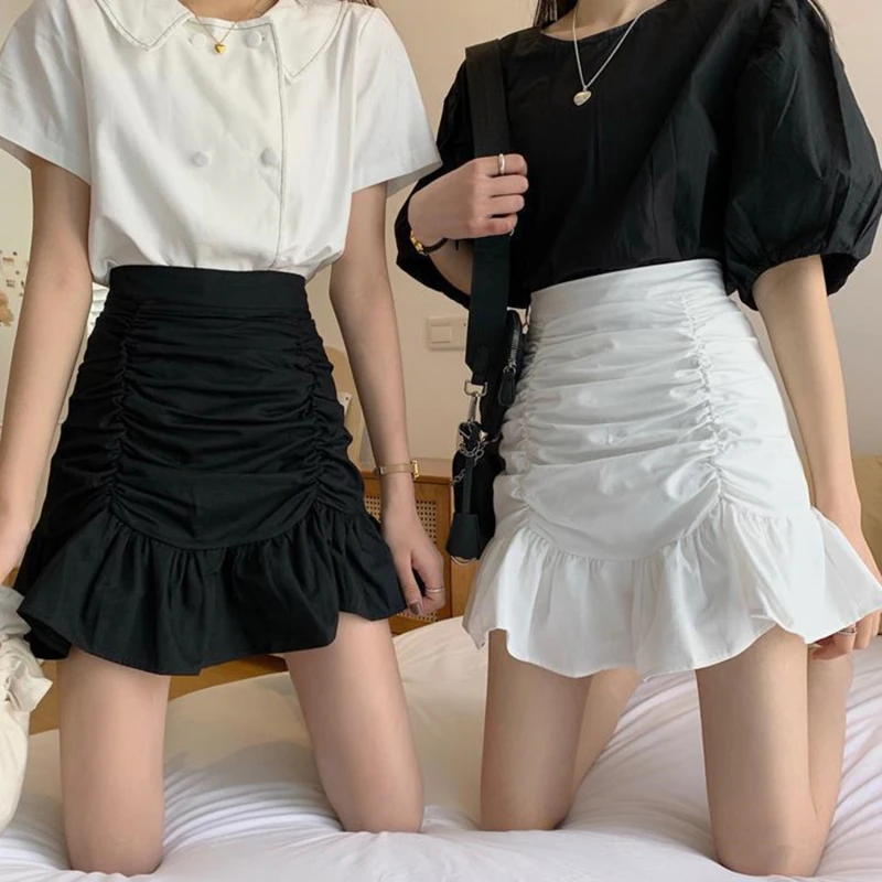 

Юбка женская однотонная трапециевидная, элегантная мини-юбка с оборками на подоле, шикарная с высокой талией для девушек, на лето