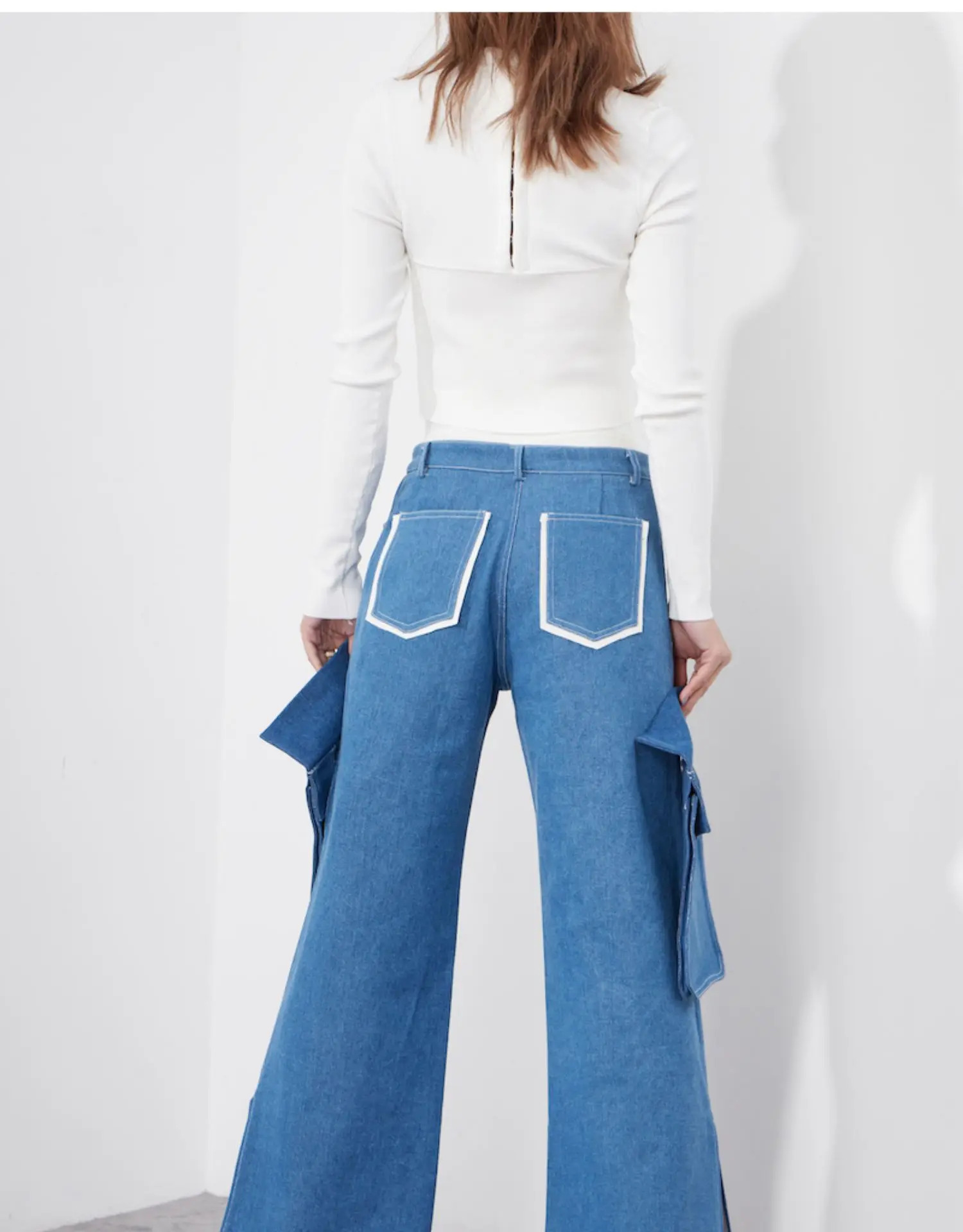 Spring New 2021 Women High Quality Pocket Denim Pants Female Casual Chic Wide Leg Jeans Lan