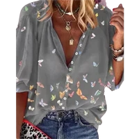 2021 women blouses spring casual shirt women tops butterfly print buttons lady shirts v neck long sleeve blouse female tops